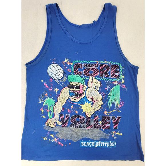 Vintage Beach Attitude Hard Core Volleyball Shirt Single Stitch 91 Thrashed - Picture 1 of 16